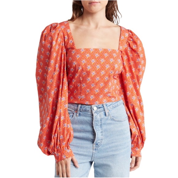 Caroline Constas Elliot Floral Balloon Sleeve Crop Top in Red Diamond Toile - Picture 1 of 2